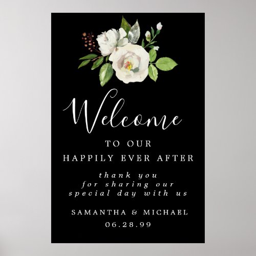 White Rose Floral Elegant Wedding Welcome Sign