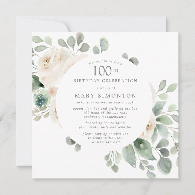 White Rose Floral Eucalyptus 100th Birthday Party Invitation (Front)