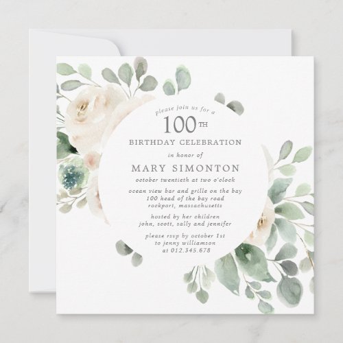 White Rose Floral Eucalyptus 100th Birthday Party Invitation