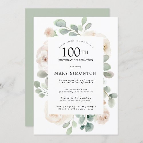 White Rose Floral Eucalyptus 100th Birthday Party Invitation