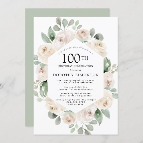 White Rose Floral Eucalyptus 100th Birthday Party Invitation