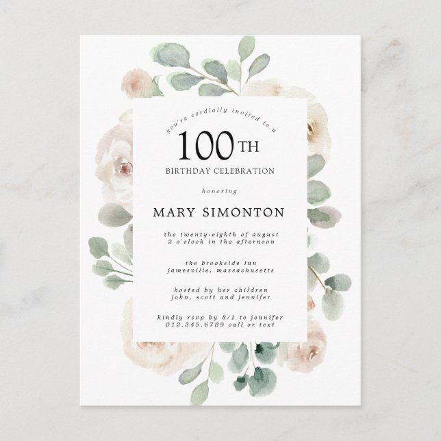 White Rose Floral Eucalyptus 100th Birthday Party  Invitation Postcard (Front)