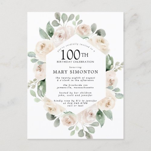 White Rose Floral Eucalyptus 100th Birthday Party Invitation Postcard