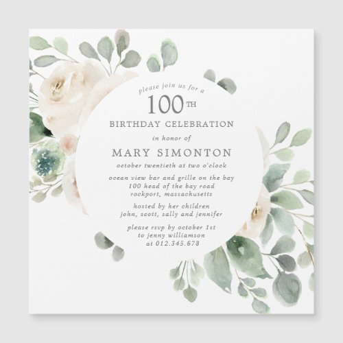White Rose Floral Eucalyptus 100th Birthday Party Magnetic Invitation