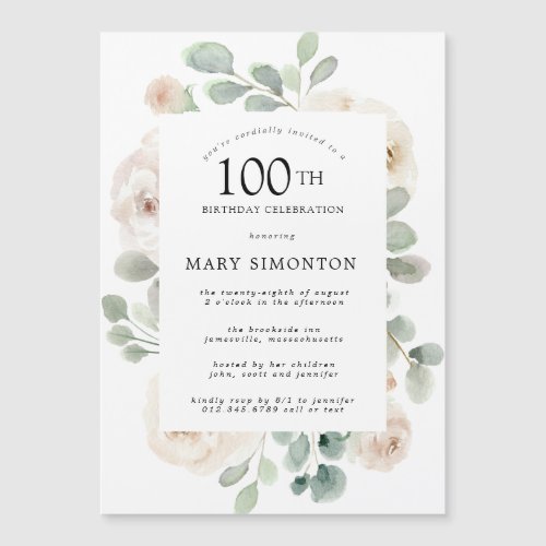 White Rose Floral Eucalyptus 100th Birthday Party Magnetic Invitation