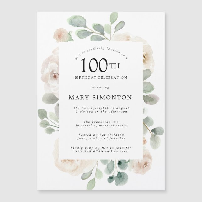 White Rose Floral Eucalyptus 100th Birthday Party Magnetic Invitation (Front)