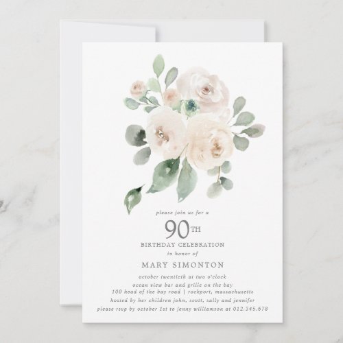 White Rose Floral Eucalyptus 90th Birthday Party Invitation