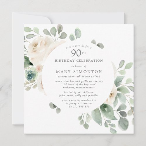 White Rose Floral Eucalyptus 90th Birthday Party Invitation