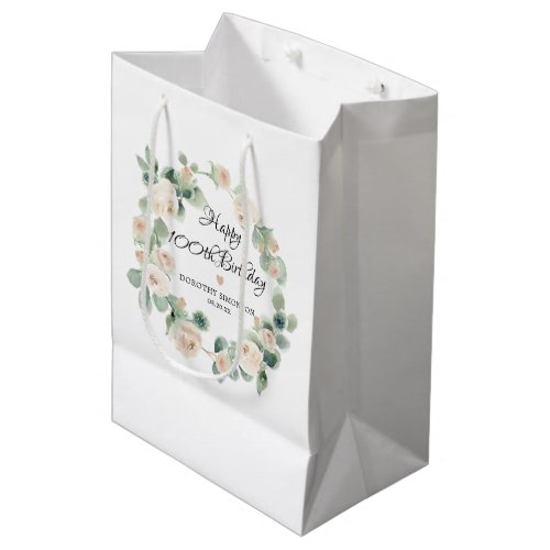 White Rose Floral Eucalyptus Wreath 100th Birthday Medium Gift Bag