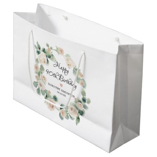 White Rose Floral Eucalyptus Wreath 90th Birthday Large Gift Bag