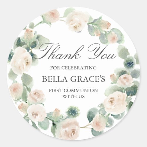 White Rose Floral First Communion Thank You Classic Round Sticker