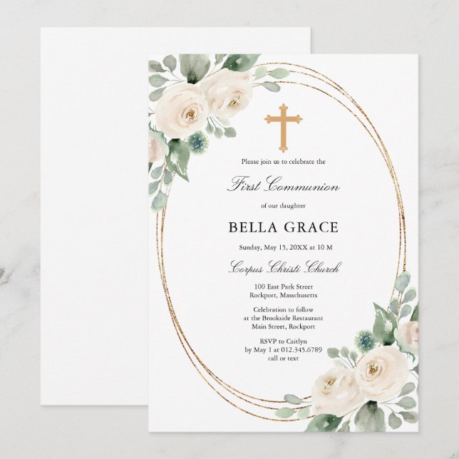 White Rose Floral First Holy Communion Invitation (Front/Back)