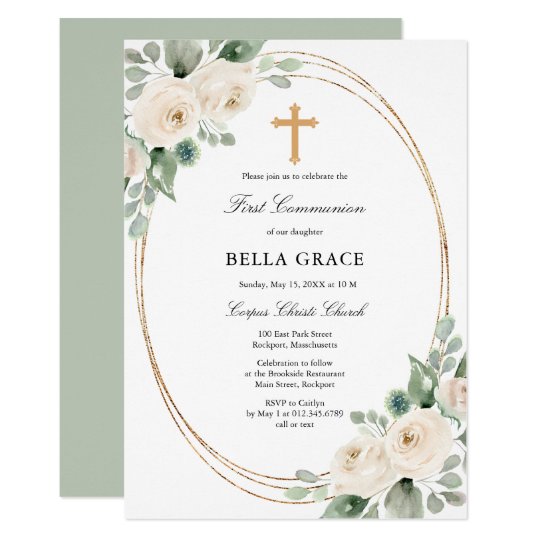 White Rose Floral First Holy Communion Invitation | Zazzle.com