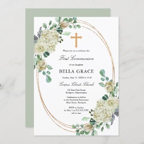 White Rose Floral First Holy Communion Invitation