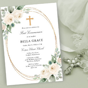 White Rose Floral First Holy Communion Invitation