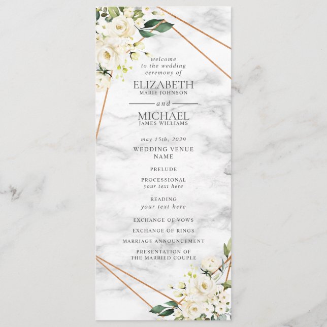 White Rose Floral Geometric Marble Wedding Program (Front)