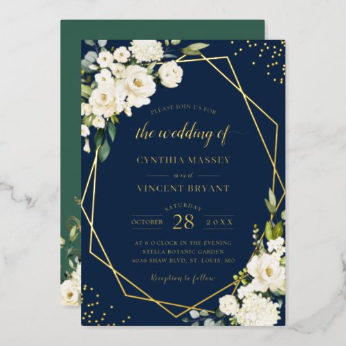 White Rose Floral Geometric Wedding Gold Foil Invitation
