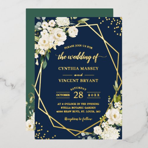 White Rose Floral Geometric Wedding Gold Foil Invitation - Customized this "White Rose Floral Gold Geometric Real Foil Invitation" to level up your wedding invite. If you would like to get a sample before placing your full order, you can order just ONE card (quantity of 1) to see how it looks and feels. More details about this foil card, please see the "About This Product" section.