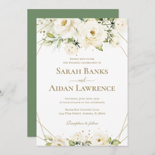 White Rose Floral Gold Frame Wedding Invitation