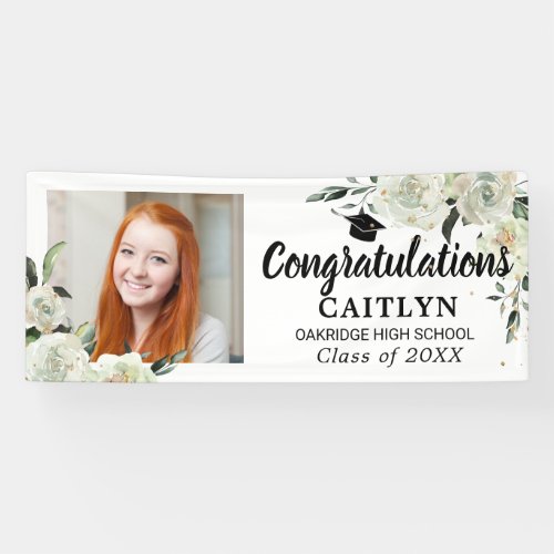 White Rose Floral Gold Glitter Graduation Party Banner
