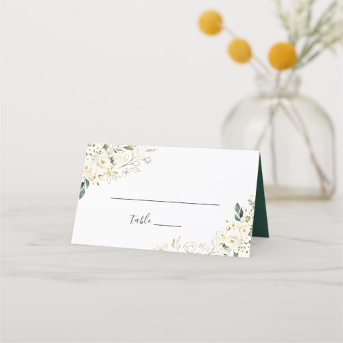White Rose Floral Gold Leaves Wedding Table Place Card