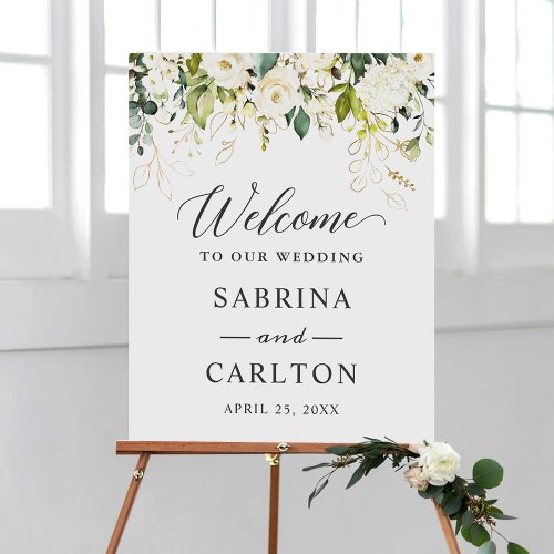 White Rose Floral Gold Leaves Wedding Welcome Sign