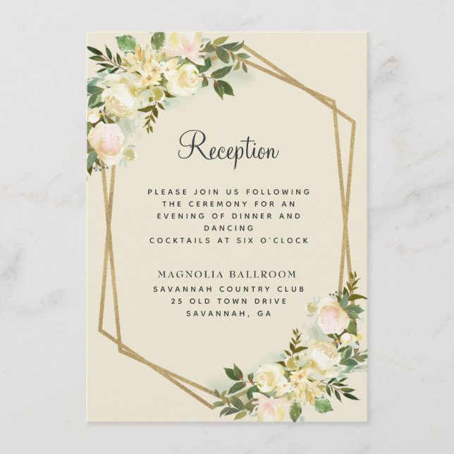 White Rose Floral Gold Wedding Reception Enclosure Card (Front)