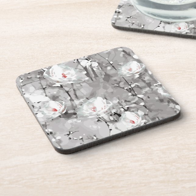 White rose floral gray pink abstract beverage coaster (Left Side)