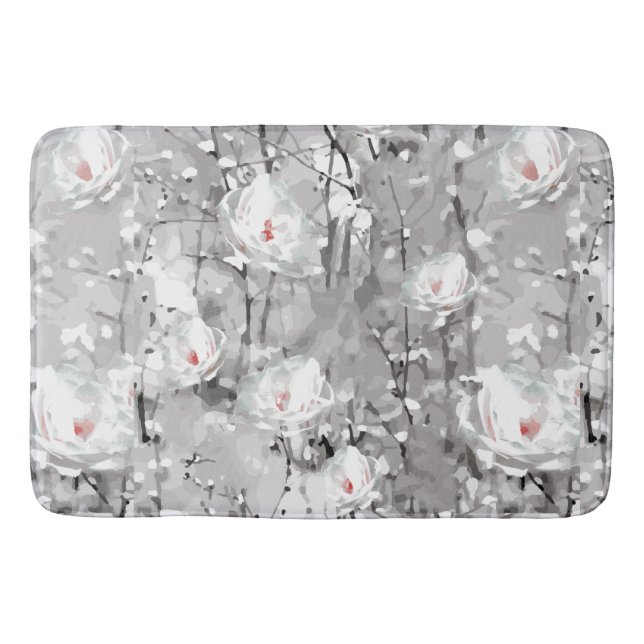 White rose floral gray pink elegant  bath mat (Front)