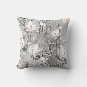 White rose floral gray white pink pattern throw pillow