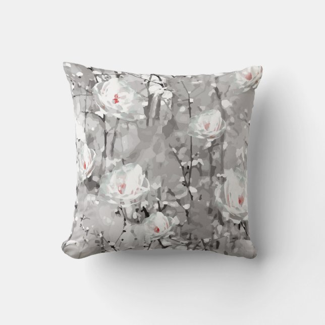 White rose floral gray white pink pattern throw pillow (Front)