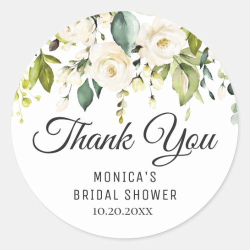 White Rose Floral Greenery Bridal Shower Thank You Classic Round Sticker