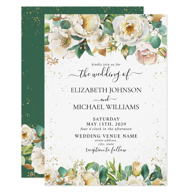 White Rose Floral Greenery Gold Leaves Wedding Invitation