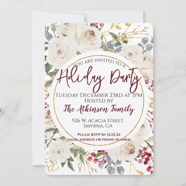 White Rose Floral Holiday Party Invitation (Front)