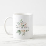 White Rose Floral Maid of Honor Coffee Mug<br><div class="desc">Chic and elegant white floral design features the title Maid of Honor and 1 line of personalized text below. All of the text can be edited, the color, font and size changed. Make one for each of the bridal party. It will look great in your getting ready photos. This coffee...</div>