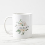 White Rose Floral Maid of Honor Coffee Mug<br><div class="desc">Chic and elegant white floral design features the title Maid of Honor and 1 line of personalized text below. All of the text can be edited, the color, font and size changed. Make one for each of the bridal party. It will look great in your getting ready photos. This coffee...</div>
