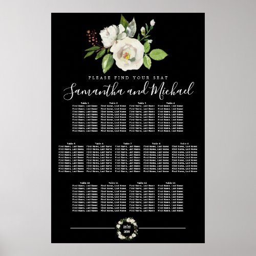 White Rose Floral on Black 13_Table Seating Chart