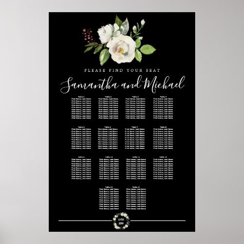 White Rose Floral on Black 14_Table Seating Chart