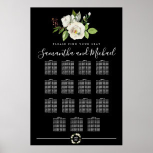White Rose Floral on Black 15-Table Seating Chart