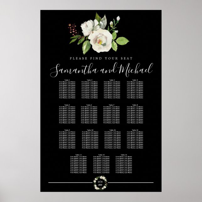 White Rose Floral on Black 15-Table Seating Chart (Front)
