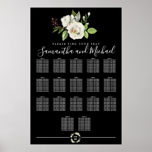 White Rose Floral on Black 17_Table Seating Chart
