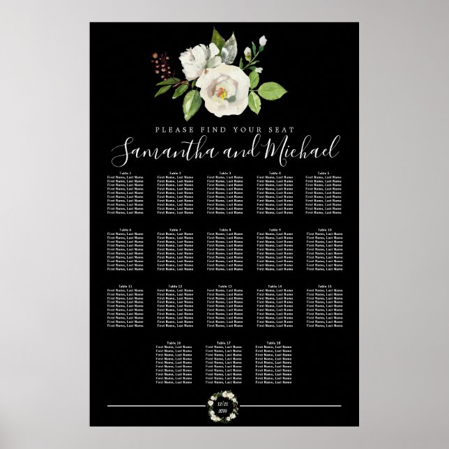 White Rose Floral on Black 18-Table Seating Chart (Front)