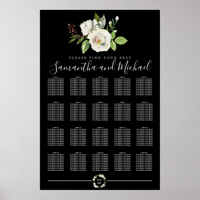 White Rose Floral on Black 20-Table Seating Chart (Front)
