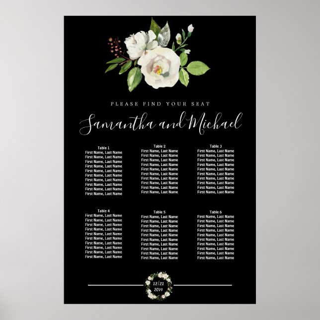 White Rose Floral on Black 6-Table Seating Chart (Front)