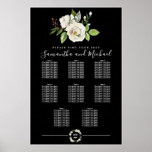 White Rose Floral on Black 8_Table Seating Chart