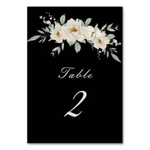 White Rose Floral on Black Wedding Table Number