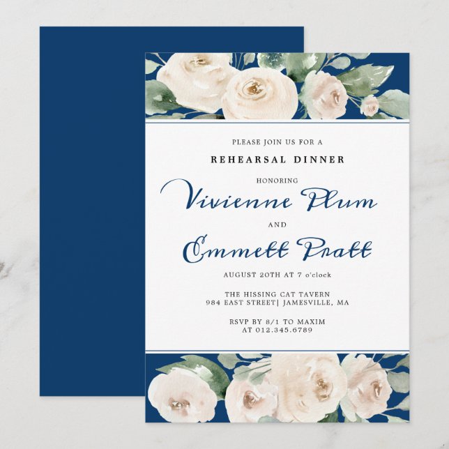 White Rose Floral on Navy Blue Rehearsal Dinner Invitation (Front/Back)