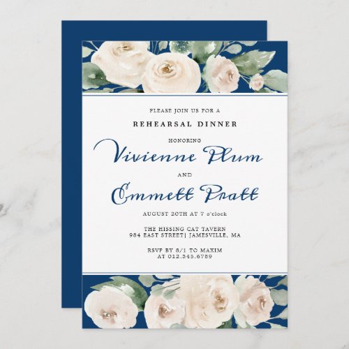 White Rose Floral on Navy Blue Rehearsal Dinner Invitation
