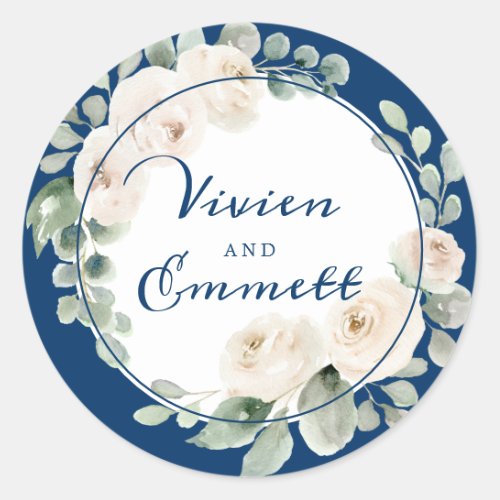 White Rose Floral on Navy Blue Wedding Favor Classic Round Sticker