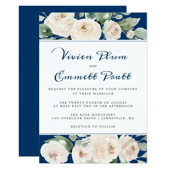 White Rose Floral on Navy Blue Wedding Invitation